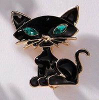 Stunning diamonte gold plated celebrity black cat pussy brooch pin broach a1