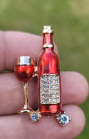 Wine glass bottle brooch vintage look gold plated design broach celebrity pin k