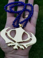 Gold plated wide khanda punjabi sikh singh pendant car rear mirror blue mala ss