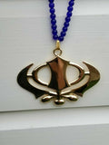 Gold plated wide khanda punjabi sikh singh pendant car rear mirror blue mala ss