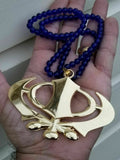 Gold plated wide khanda punjabi sikh singh pendant car rear mirror blue mala ss