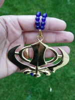 Gold plated wide khanda punjabi sikh singh pendant car rear mirror blue mala ss