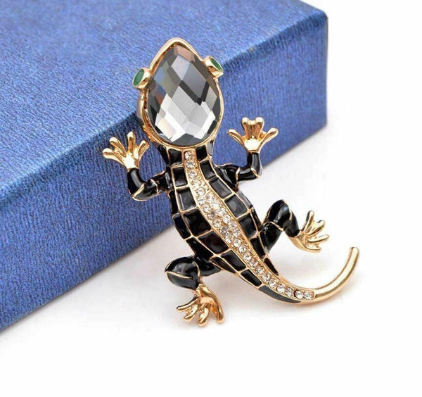 Vintage look gold plated black lizard brooch suit coat gecko broach pin collar u