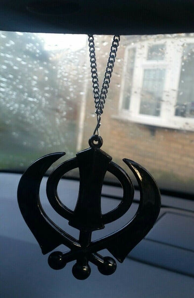 Large black acrylic khanda punjabi sikh pendant car rear mirror hanging chain