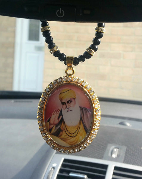 Gold plated Punjabi Sikh Guru Nanak Pendant Car Hanging - black beads & Crystals