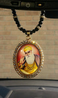 Gold plated Punjabi Sikh Guru Nanak Pendant Car Hanging - black beads & Crystals