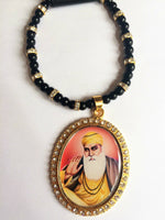 Gold plated Punjabi Sikh Guru Nanak Pendant Car Hanging - black beads & Crystals