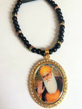 Gold plated Punjabi Sikh Guru Nanak Pendant Car Hanging - black beads & Crystals