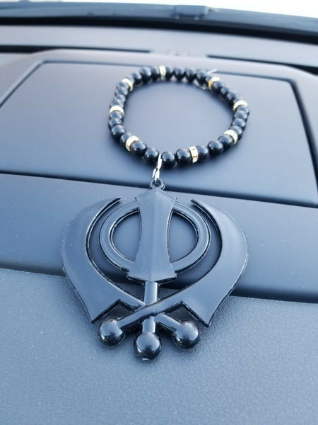 Singh kaur punjabi sikh black khanda pendant car rear mirror hanging mala SS