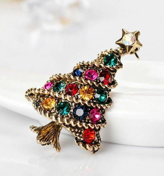 Stunning diamonte gold plated vintage look christmas tree brooch cake pin b1c