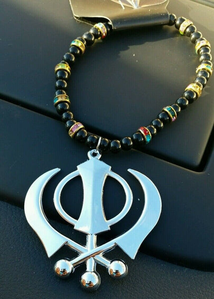 Silver plated punjabi large sikh khanda pendant car rear mirror hanging mala mj