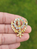 Khanda brooch gold plated stunning diamonte sikh king pin singh kaur broach n1