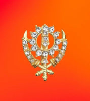 Khanda brooch gold plated stunning diamonte sikh king pin singh kaur broach n1