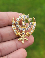 Khanda brooch gold plated stunning diamonte sikh king pin singh kaur broach n1