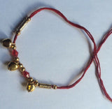 Good Luck Hindu red thread with 3 dangling bells Bracelet 24 Ct Gold affect V1