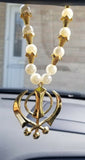 Gold plated stunning large khanda punjabi sikh pendant car rear mirror bead mala