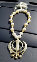 Gold plated stunning large khanda punjabi sikh pendant car rear mirror bead mala