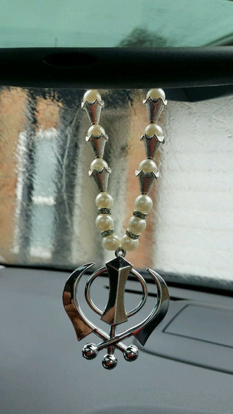 Silver plated punjabi sikh large khanda pendant car hanging white pearl beads