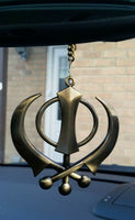 Large punjabi sikh steel khanda antique gold colour car mirror hanging pendant