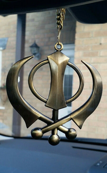 Large punjabi sikh steel khanda antique gold colour car mirror hanging pendant