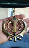 Large punjabi sikh steel khanda antique gold colour car mirror hanging pendant