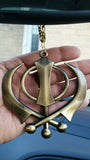 Large punjabi sikh steel khanda antique gold colour car mirror hanging pendant