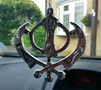 Wide silver aluminium khanda punjabi sikh pendant car rear mirror hanging chain