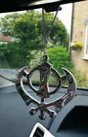 Wide silver aluminium khanda punjabi sikh pendant car rear mirror hanging chain