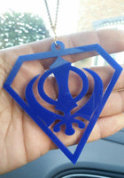 Blue acrylic khanda punjabi sikh pendant singh car rear mirror hanging chain new