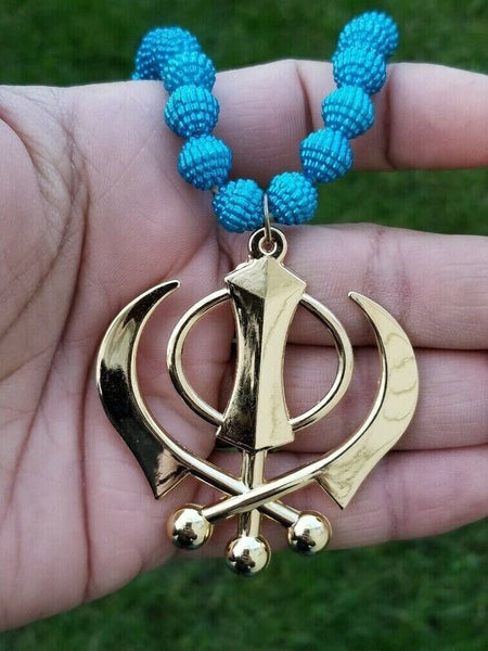 Gold plated khanda punjabi sikh singh kaur beads pendant for car rear mirror ss4