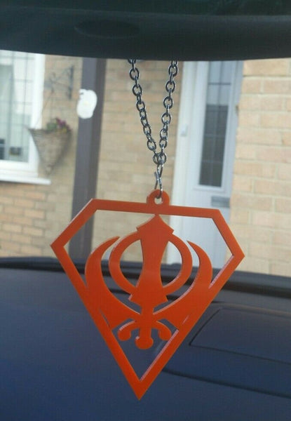 Orange acrylic khanda punjabi sikh pendant singh kaur car mirror hanging chain