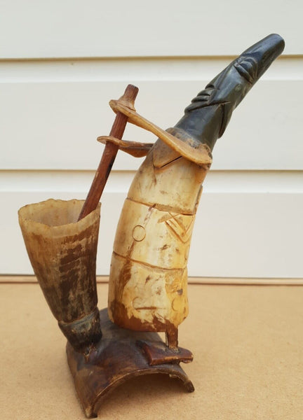 Vintage African Real Ox Horn Handmade Tribal Art old Statue Decorative Large L21