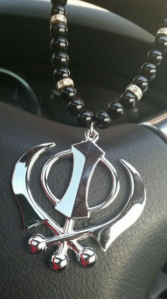 Silver plated punjabi large sikh khanda pendant car rear mirror hanging mala m2