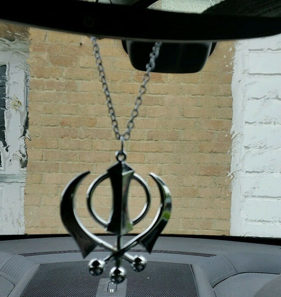 Large Stainless Steel Punjabi Sikh Large Khanda Pendant Car Mirror Hanging P1