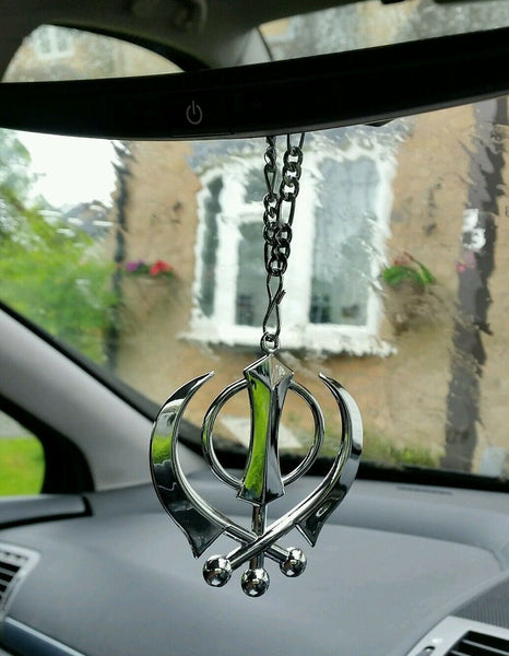 Large Stainless Steel Punjabi Sikh Large Khanda Pendant Car Mirror Hanging P2