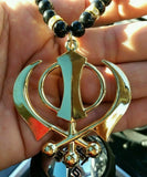 Sikh Khanda pendant Gold Plated Punjabi car rear mirror hanging beads Mala RR4