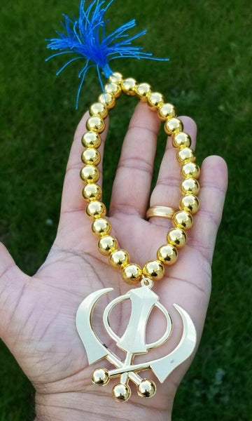 Gold plated stunning small khanda punjabi sikh pendant car rear mirror bead mala