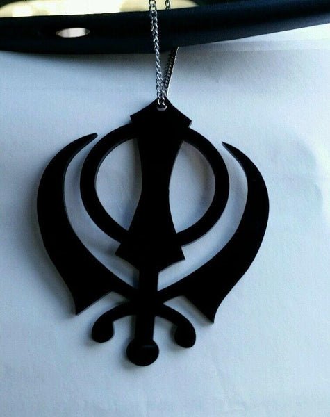 LARGE Black Acrylic Khanda Punjabi Sikh Pendant Car Rear Mirror Hanging in Chain