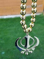 Gold plated stunning small khanda punjabi sikh pendant car rear mirror bead mala