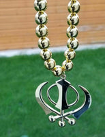 Gold plated stunning small khanda punjabi sikh pendant car rear mirror bead mala