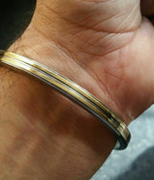 Stunning stainless steel two brass lines smooth plain gold affect sikh kara zz4