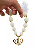 Gold Plated Punjabi Sikh Large Khanda Pendant Car Hanging white Pearl Beads OF5T