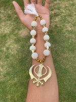 Gold Plated Punjabi Sikh Large Khanda Pendant Car Hanging white Pearl Beads OF5T