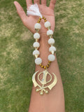 Gold Plated Punjabi Sikh Large Khanda Pendant Car Hanging white Pearl Beads OF5T