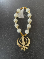 Gold Plated Punjabi Sikh Large Khanda Pendant Car Hanging white Pearl Beads OF5T