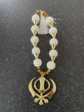 Gold Plated Punjabi Sikh Large Khanda Pendant Car Hanging white Pearl Beads OF5T