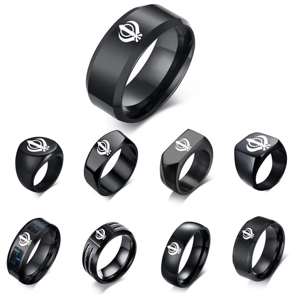 Sikh Symbol Rings Men Hinduism Engraved Sikhism Stainless Steel Signet Band Ring Religious Jewelry