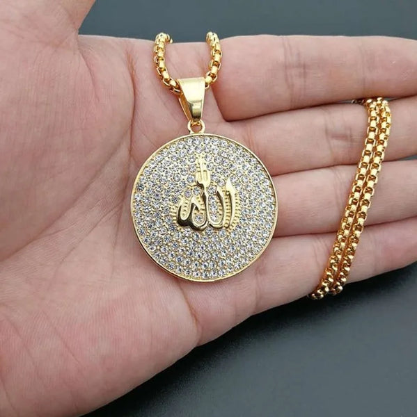 Religious Style Iced Out Round Allah Quran Pendant Necklace Metal Islam Muslim Arabic Gold Color Prayer Jewelry