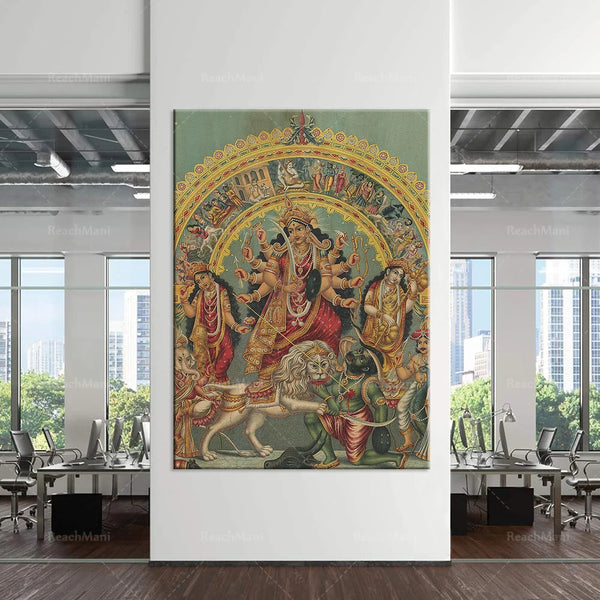 Shri Shri Durga avec Mahisha Trisula Lakshmi Saraswati (1890) - Classic Painting Photo Poster Print Art Gift Home Wall Decor - H