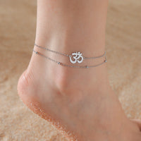 Skyrim Indian Buddhism Yoga OM Anklet Women Stainless Steel Double Layer Beads Chain Ankle Bracelet Amulet Summer Accessories